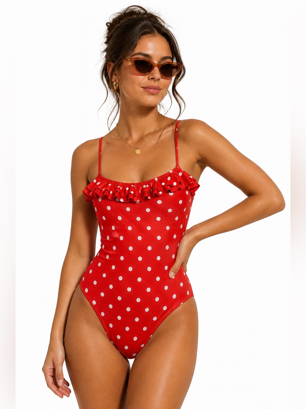 Red Polka Dot Ruffle One-Piece Swimsuit - Picture 1 of 4